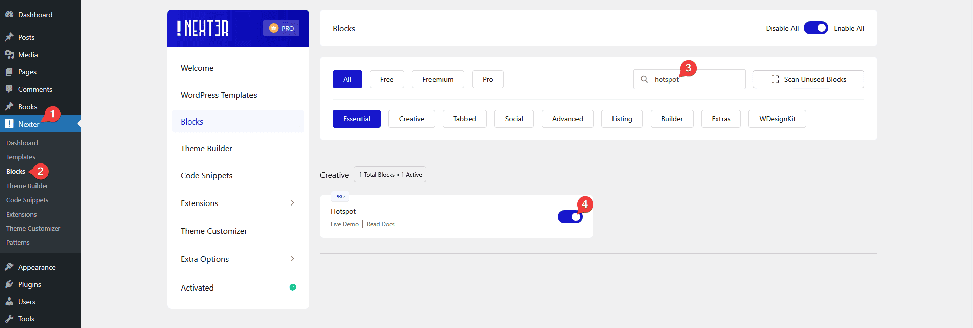 Nexter Blocks Hotspot block pin activation settings in the WordPress block editor