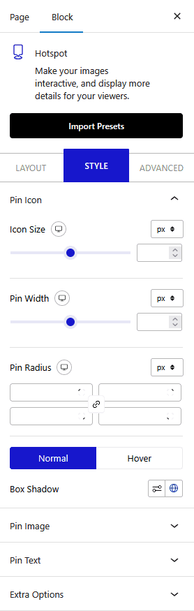 Styling options for pins in the Nexter Blocks Hotspot block