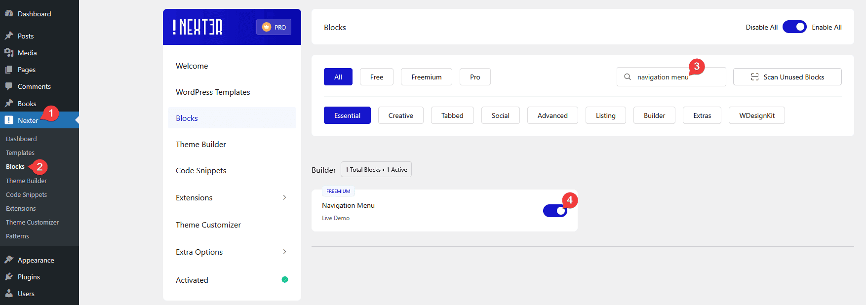 Enabling the Nexter Blocks Navigation Menu block from the plugin dashboard
