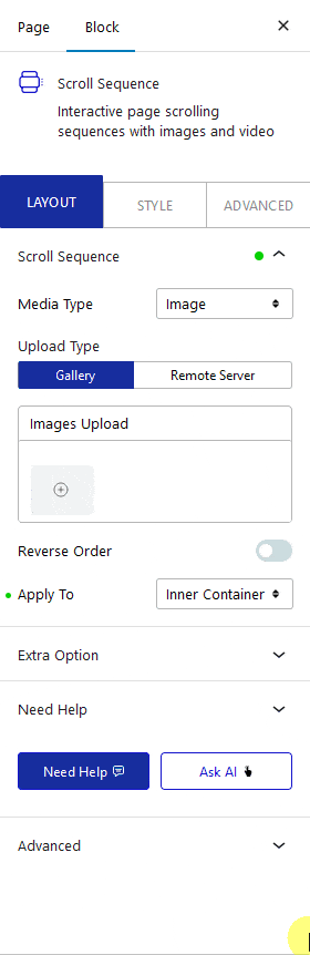 How to Add Image Sequence in an Inner Container in WordPress? 1 scroll sequence inner container