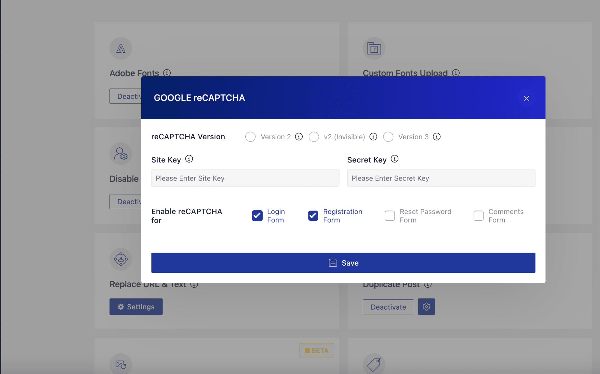 Nexter Blocks settings showing CAPTCHA enabled for login and registration forms