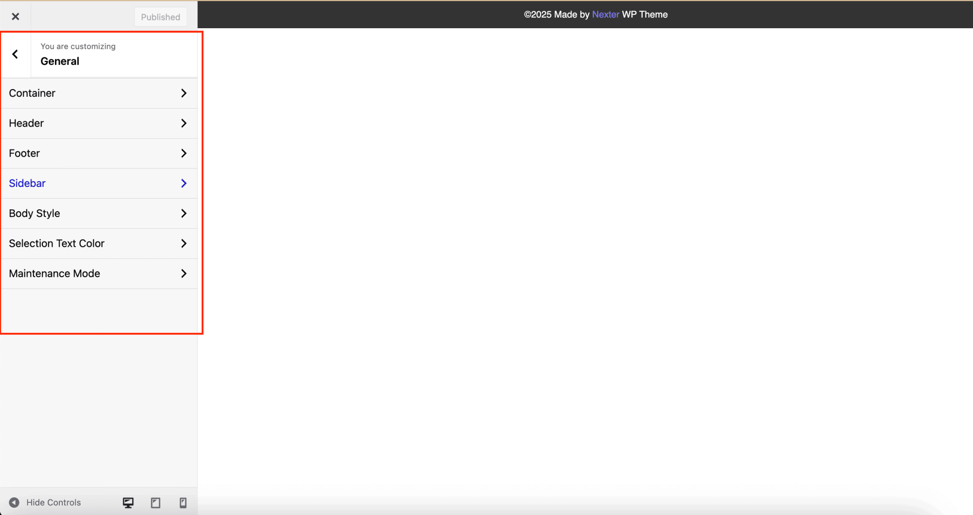 WordPress Appearance menu showing the Themes and Customize options used to manage a classic theme sidebar