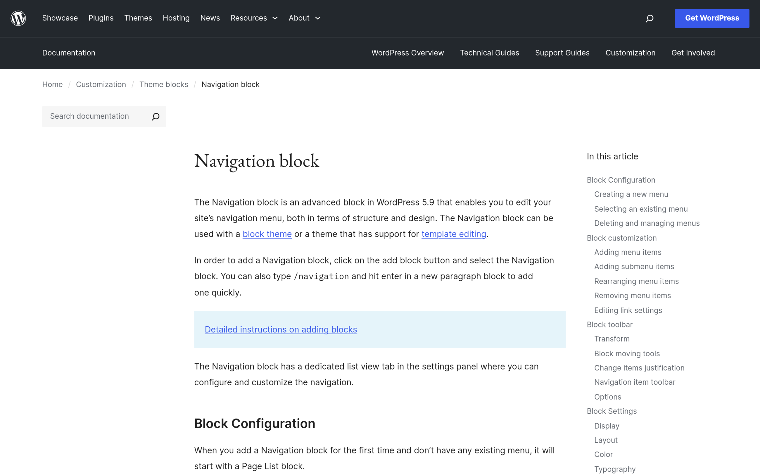 Editing a WordPress menu with the Navigation block in the Site Editor on a block theme