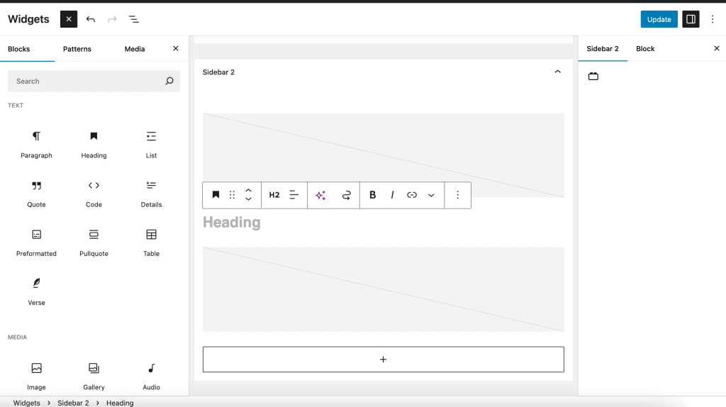 WordPress Widgets screen showing widget blocks being added and configured inside a sidebar area
