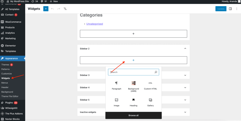 WordPress Appearance to Widgets screen with available widgets on the left and the sidebar widget area on the right
