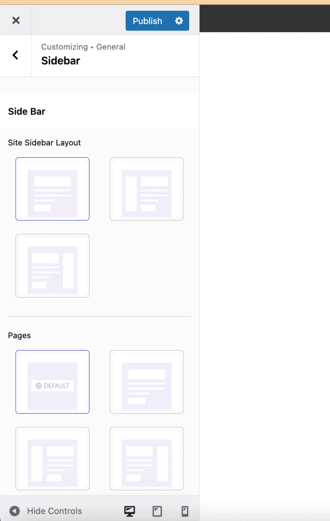 WordPress Customizer panel showing sidebar layout and position options for a classic theme