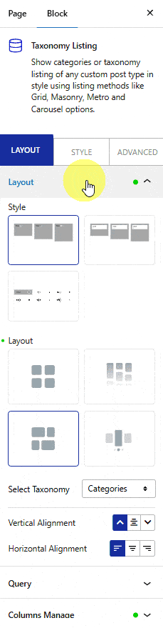 taxonomy listing layout metro custom categories
