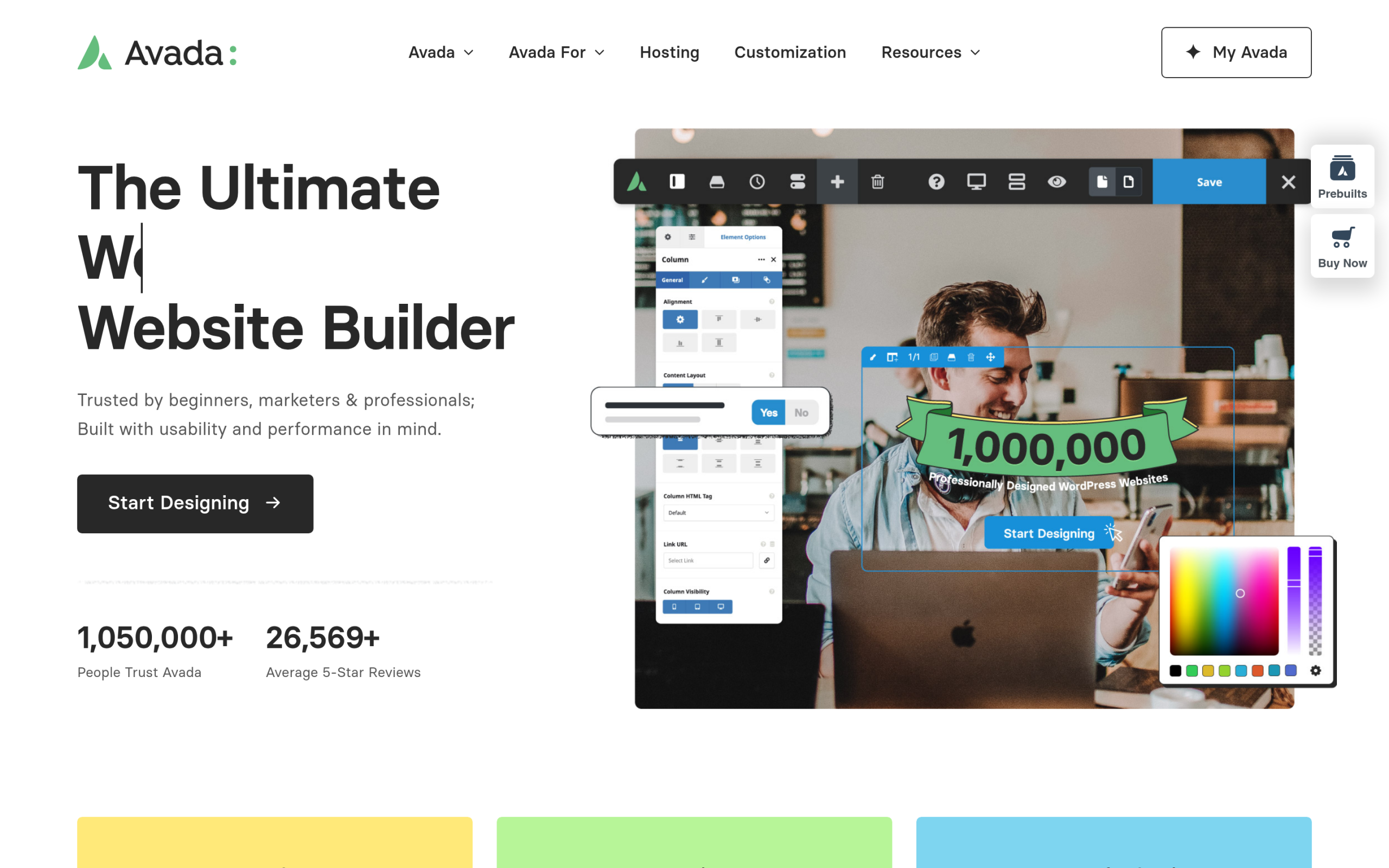 Avada WordPress theme homepage showing 1,063,740 users and 26,569 five-star reviews
