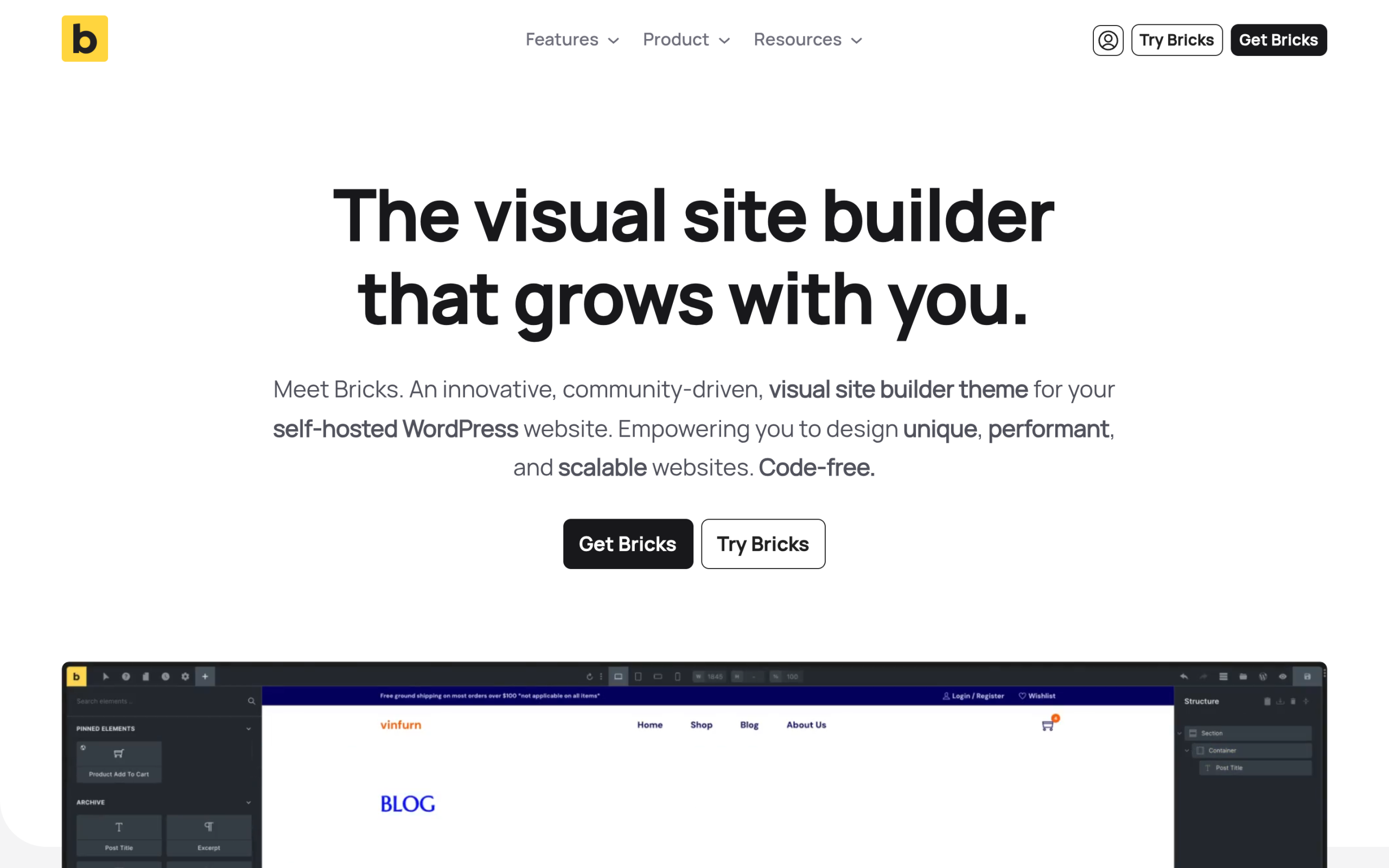 Bricks visual site builder homepage showing the WordPress drag and drop interface