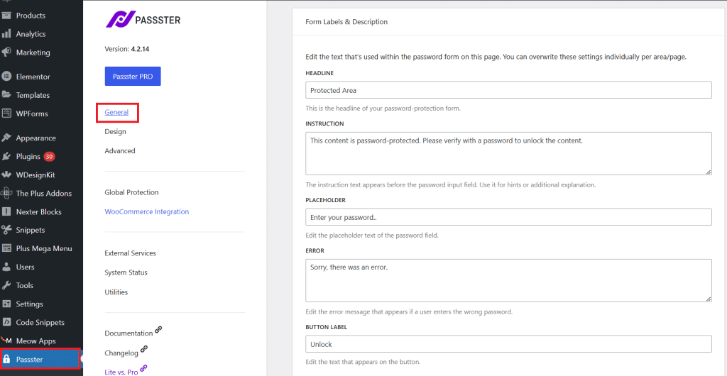 Passster General settings for the password screen headline, message, placeholder, error, and button label