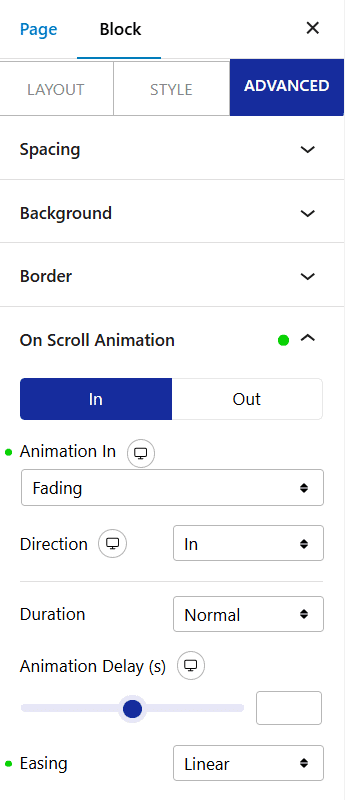 Customizing animation duration delay and easing in Nexter Blocks
