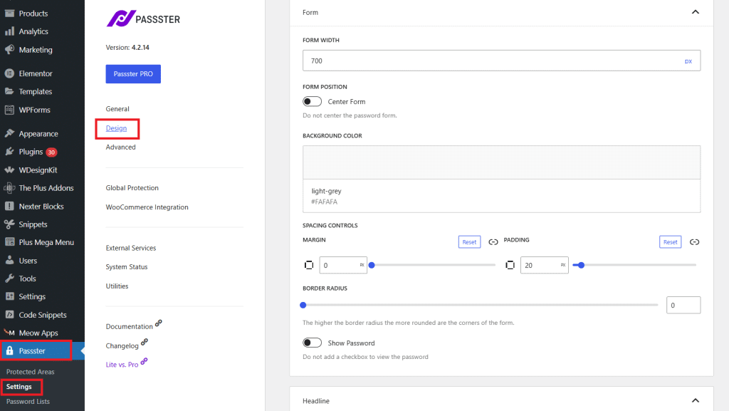 Passster Design settings to style the password protected page font, color, size, and margins