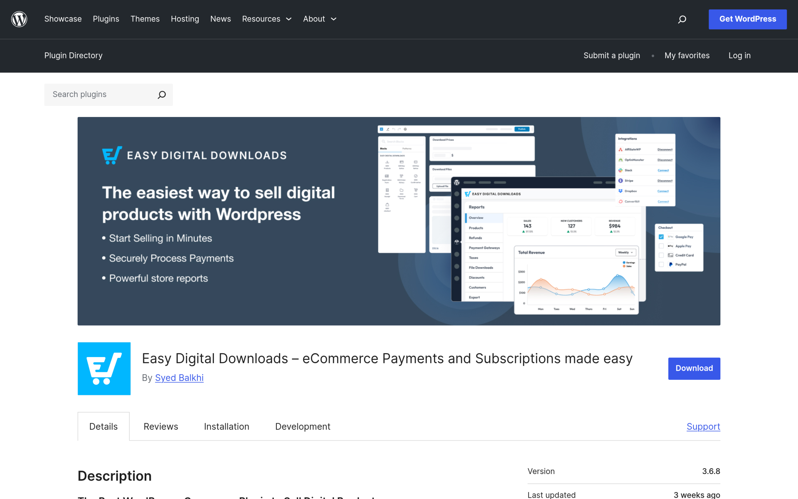 Easy Digital Downloads plugin page on WordPress.org for selling digital products in WordPress