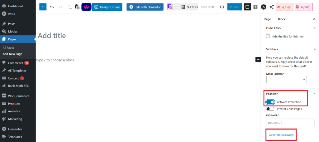 Passster Activate Protection toggle and password field in the WordPress page settings