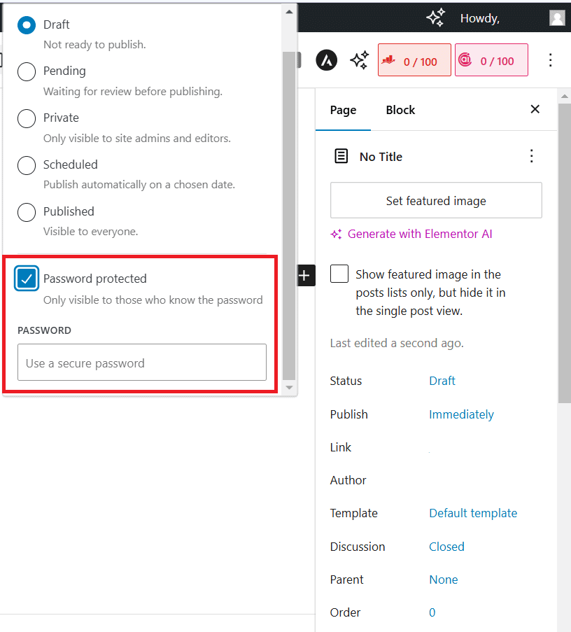 WordPress visibility options with the Password protected option selected and a password field