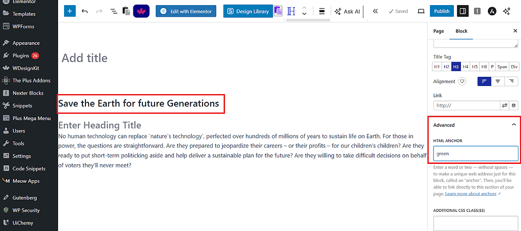 Setting HTML anchor tags for smooth scroll in WordPress