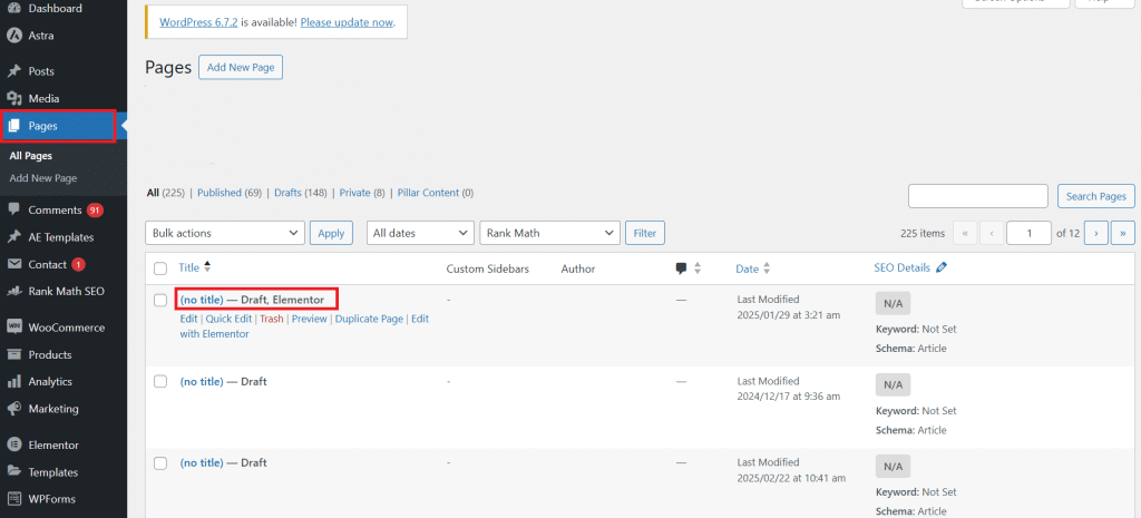 WordPress All Pages screen with the Add New Page button to open or create a page to protect