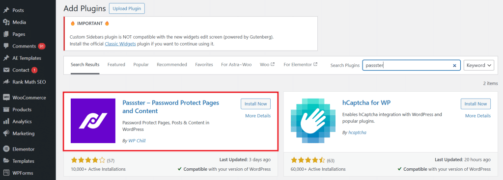 Passster password protection plugin in the WordPress Add Plugins search results