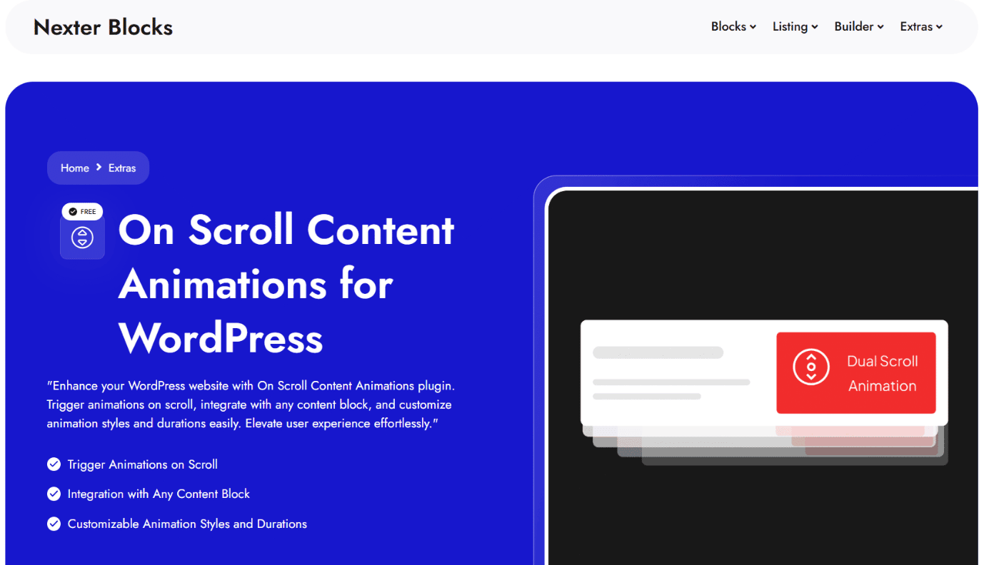 Nexter Blocks plugin for scroll animation in WordPress