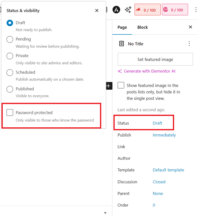 WordPress editor Status panel showing the visibility link to open status and visibility options