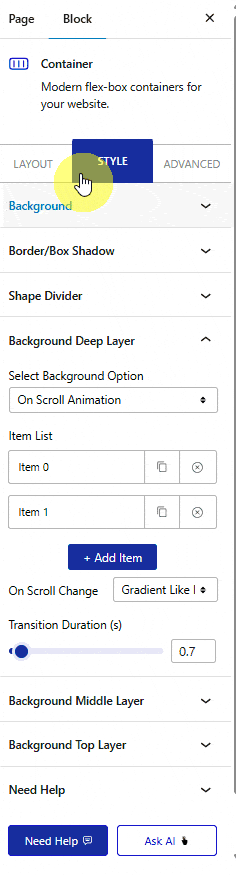 How to Change Background Color On Scroll in WordPress? 1 container background deep layer on scroll animation bg color change 2