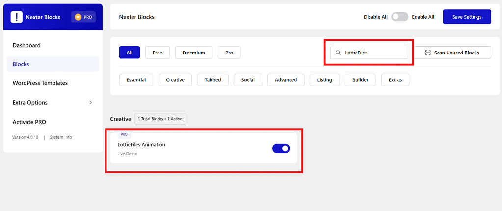 Turning on the LottieFiles Animation block in Nexter Blocks settings