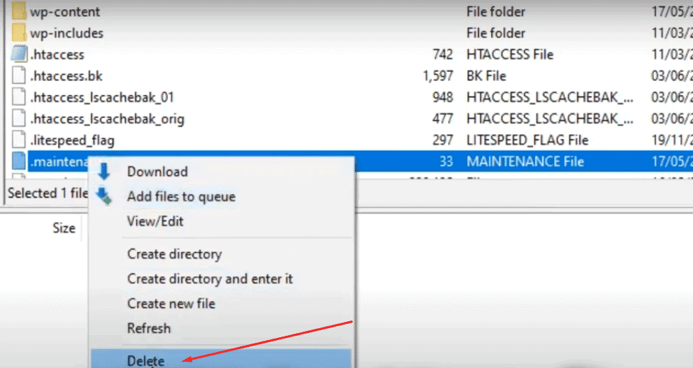 The hidden .maintenance file in the WordPress root folder that controls maintenance mode