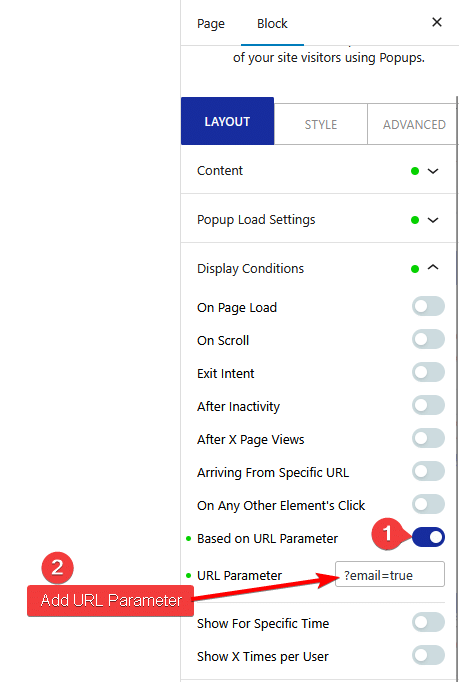 pop up builder url parameter