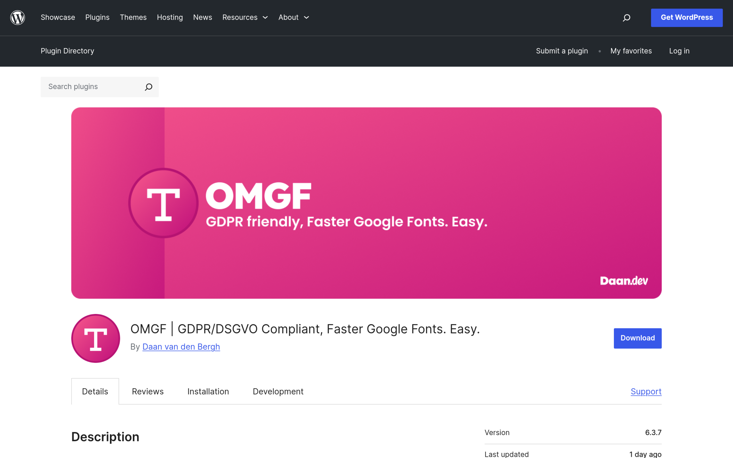 OMGF plugin page for self-hosting Google Fonts in WordPress