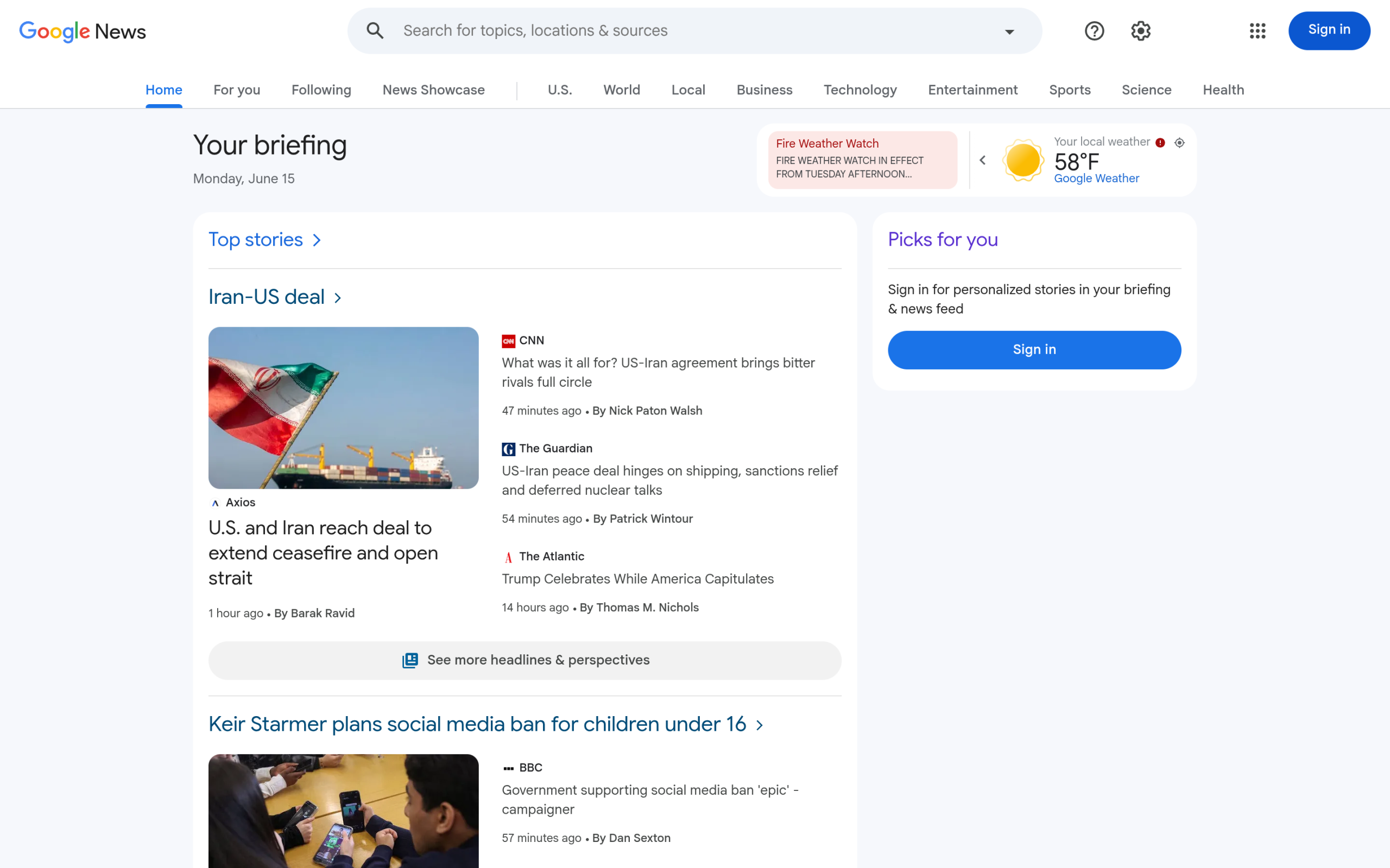 Google News homepage showing aggregated headlines organized by topic