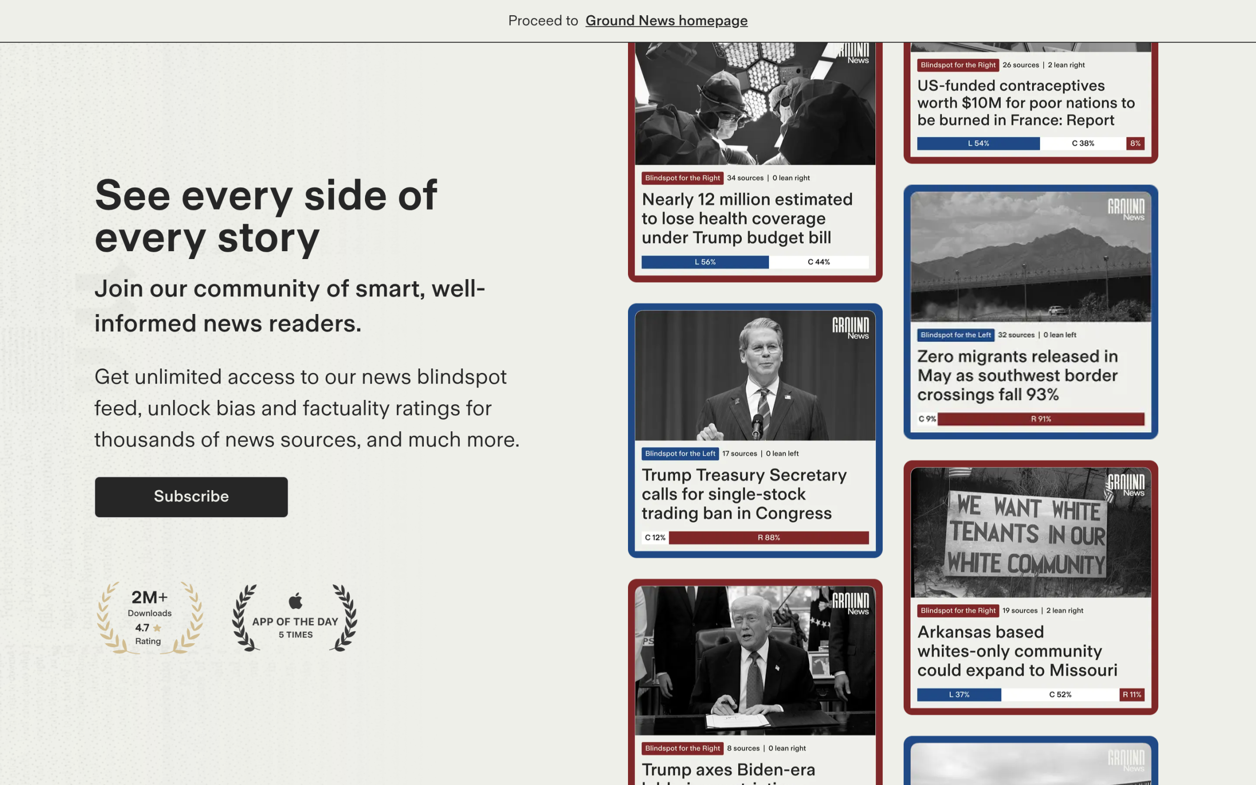 Ground News homepage showing media bias comparison across news sources