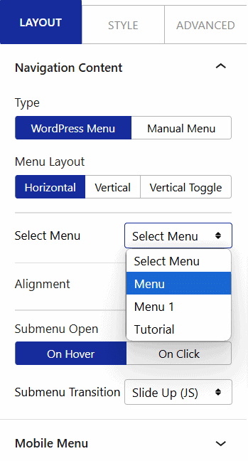 Adding the Nexter Blocks Navigation Menu block in the Gutenberg editor