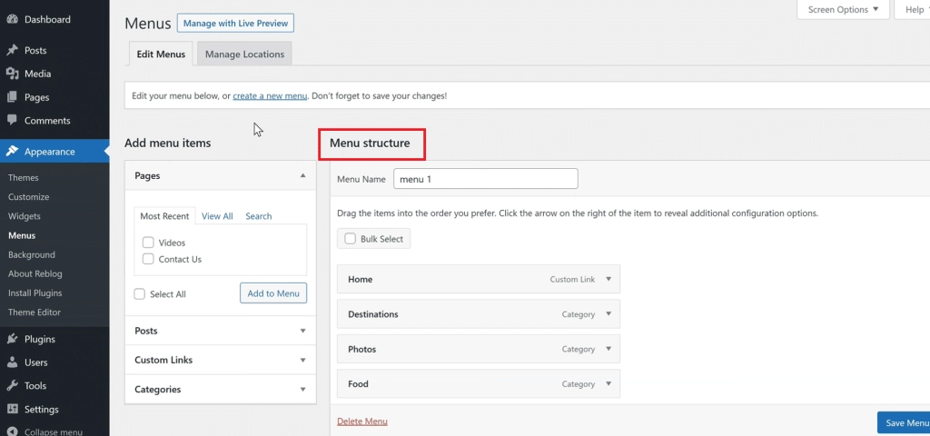 Arrange the dropdown menu items