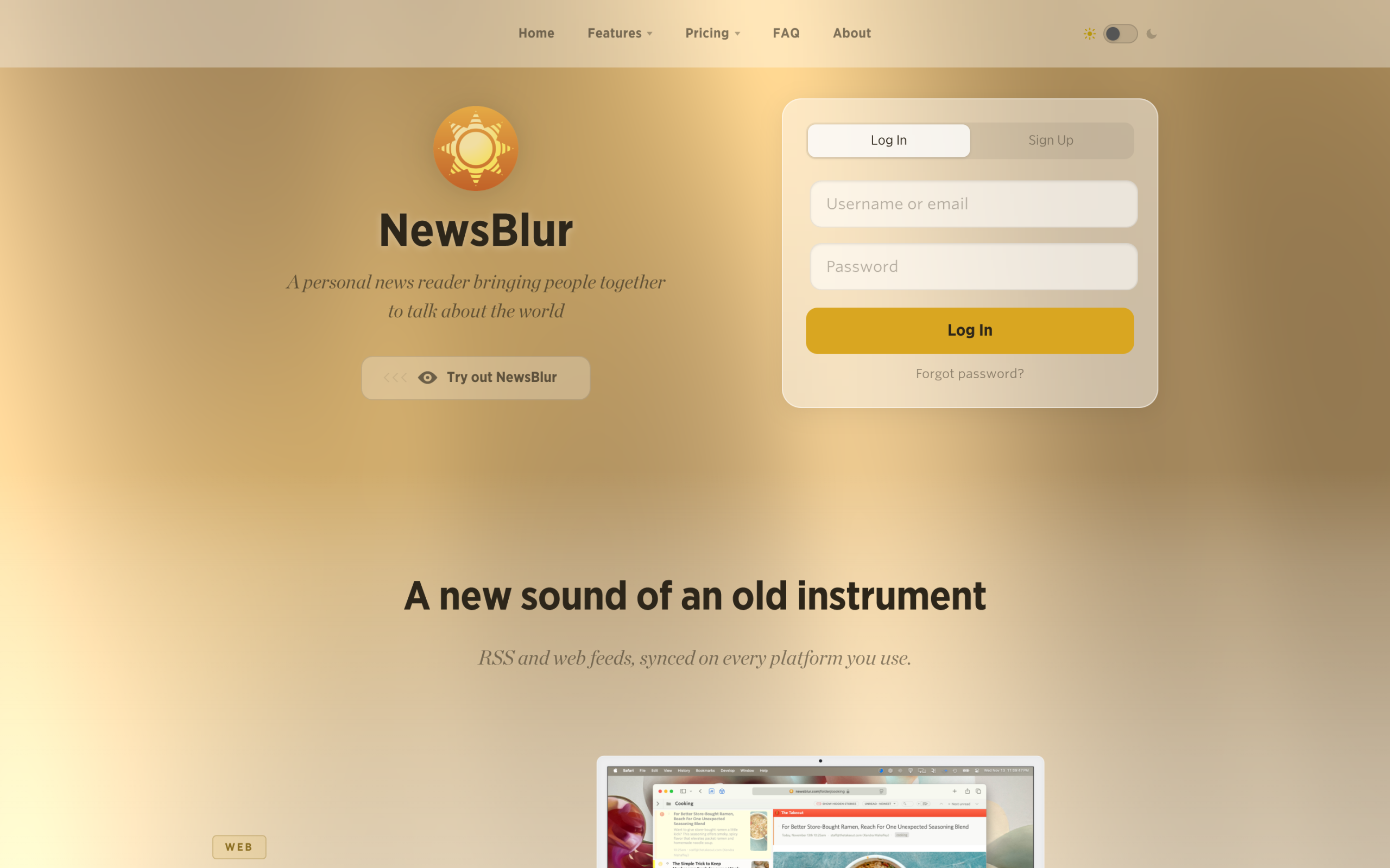 NewsBlur homepage showing the open-source RSS reader interface