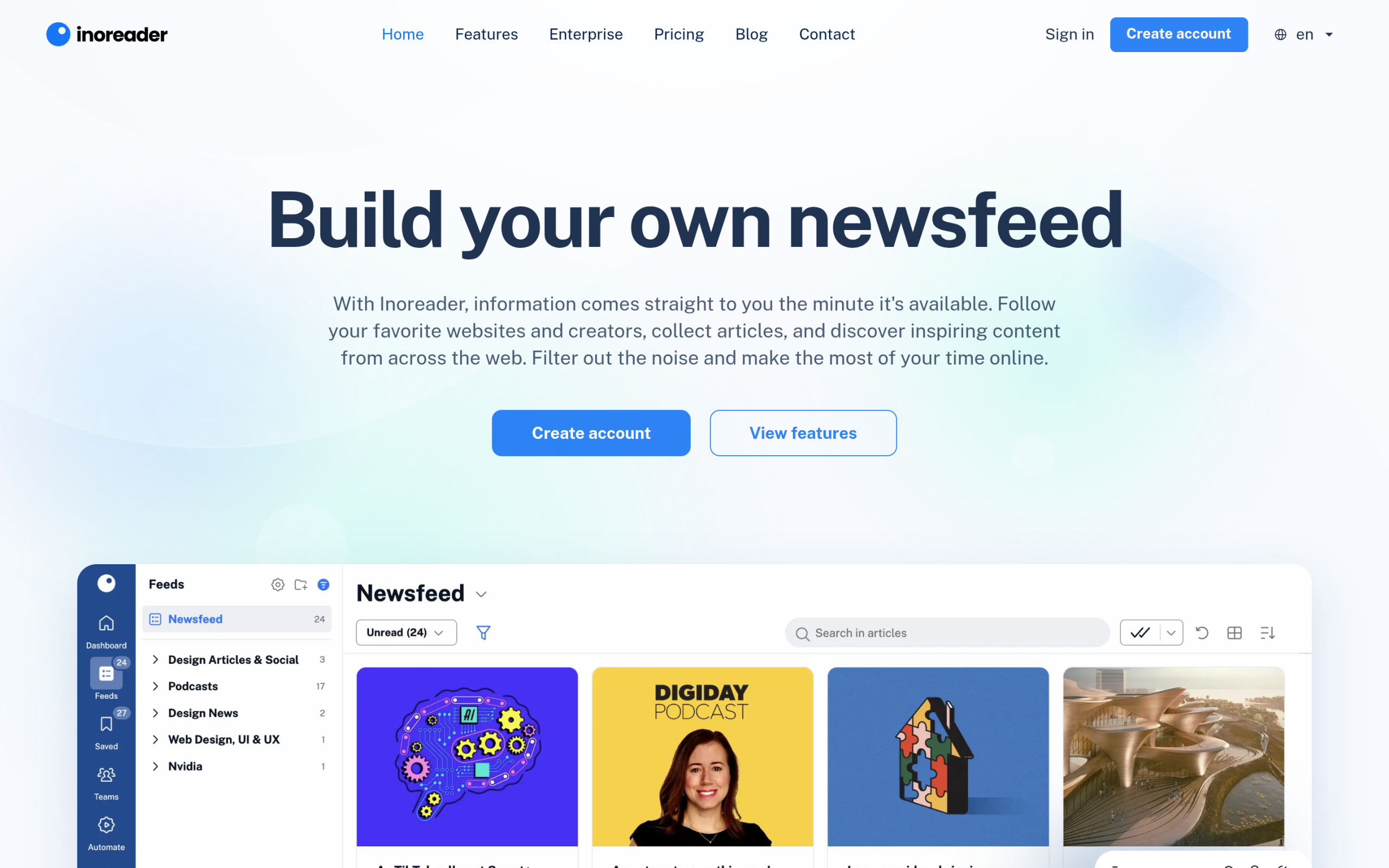 Inoreader homepage showing its RSS and feed monitoring interface