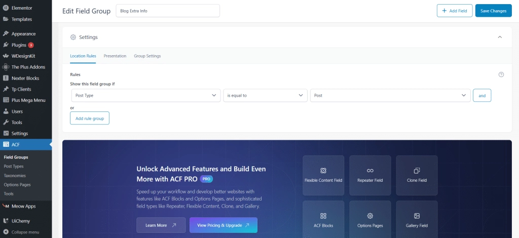 Set field group location
