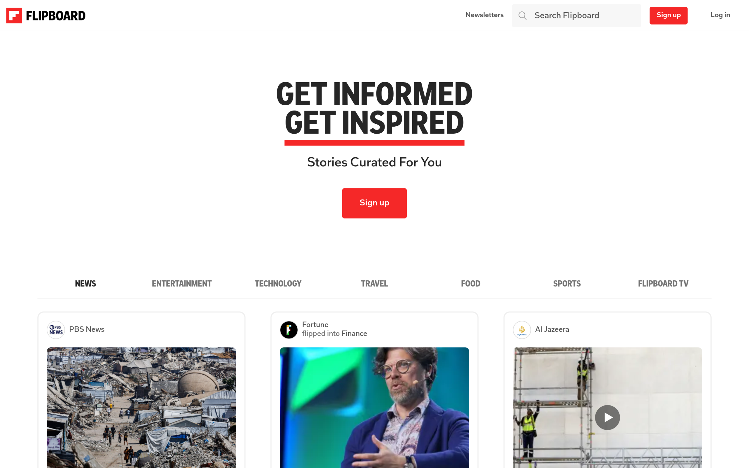 Flipboard homepage showing its magazine-style news layout