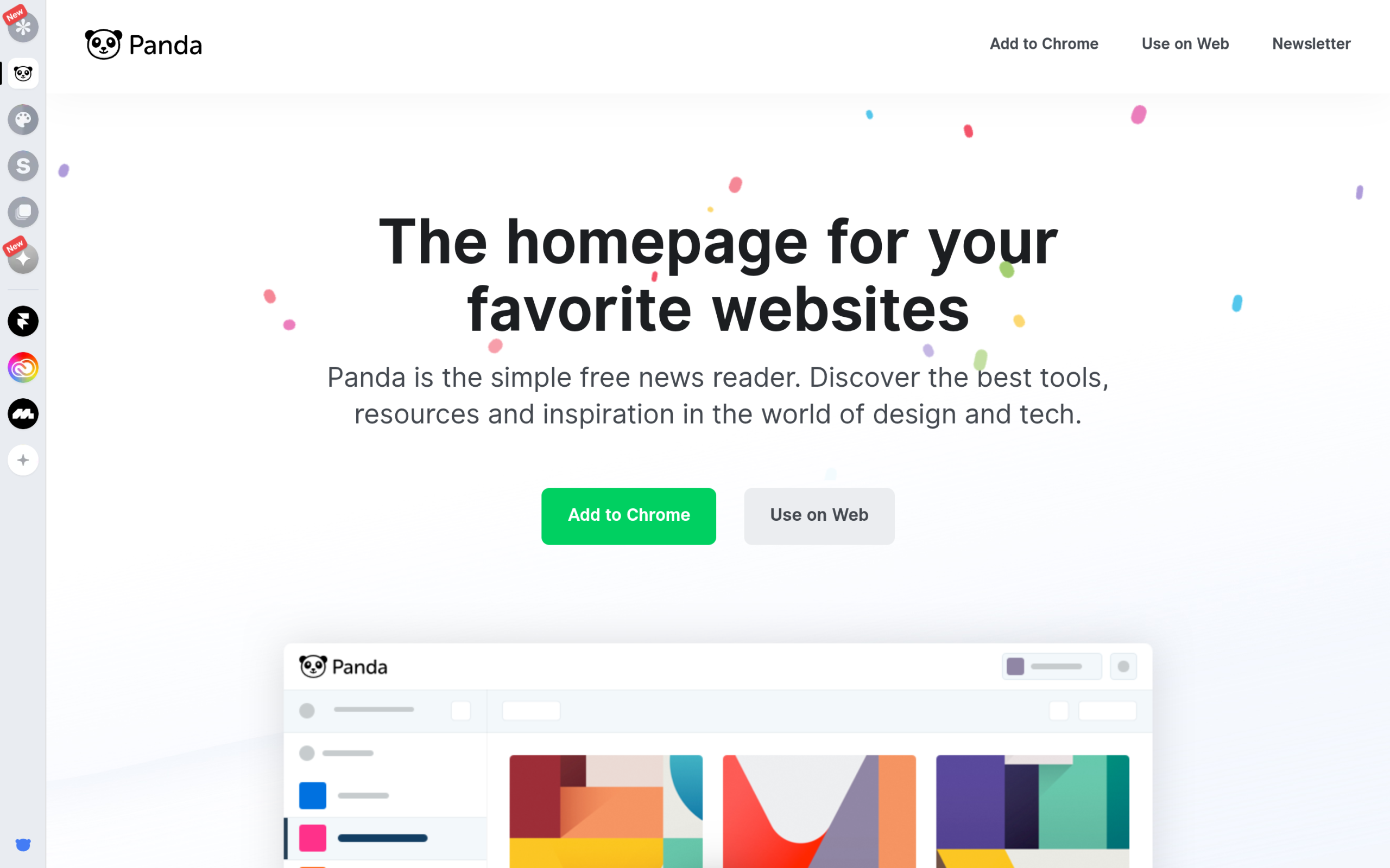 Panda homepage showing its design and tech news reader feed