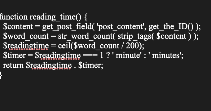 PHP reading time function added to a WordPress theme functions file