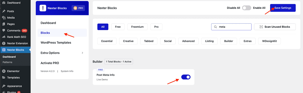 Activating the Post Meta Info block in the Nexter Blocks dashboard