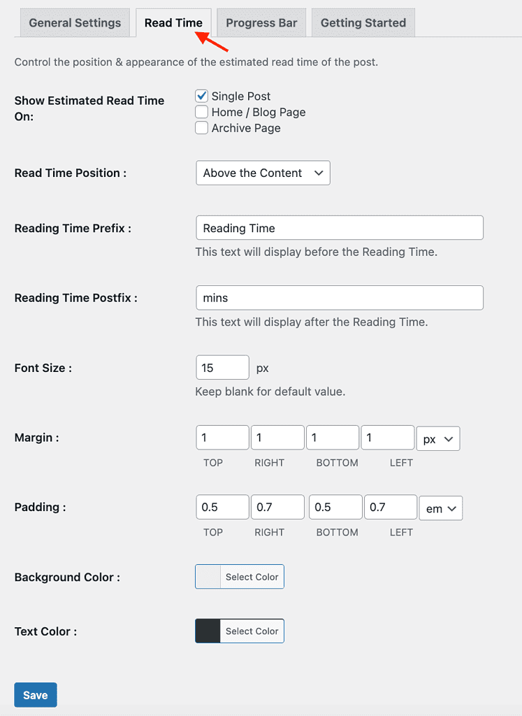 Read Meter Read Time tab settings for placement and styling