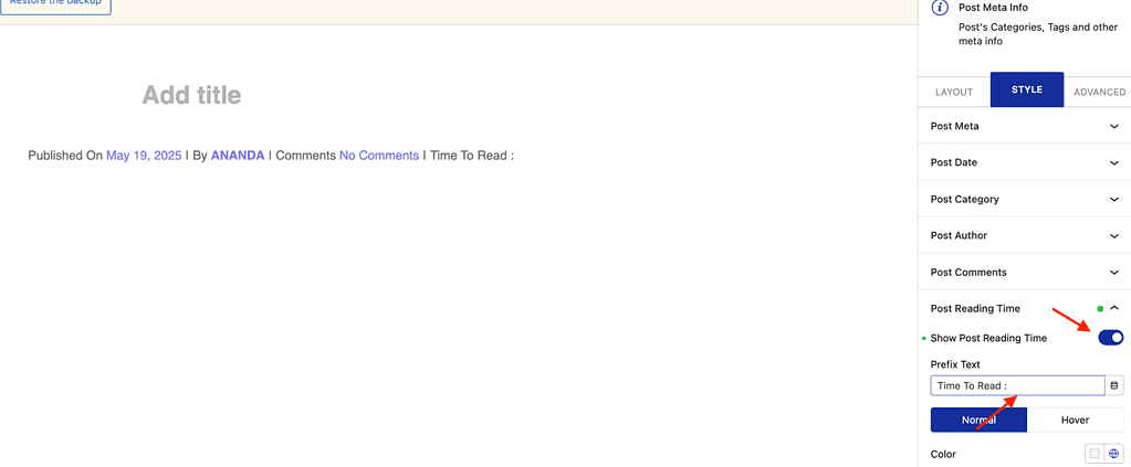 Post Reading Time toggle in the Post Meta Info block Style tab