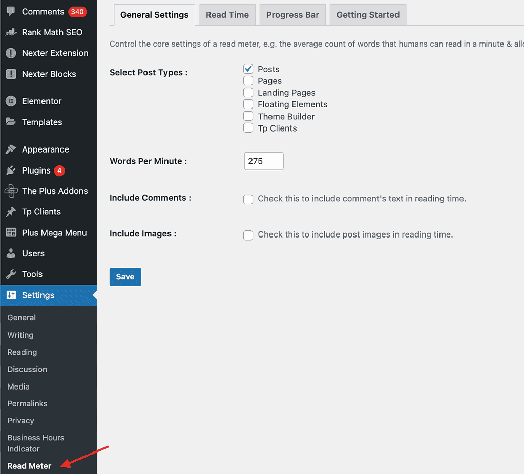 Read Meter General Settings tab in the WordPress dashboard