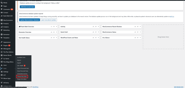 WordPress Theme File Editor accessed through Tools menu