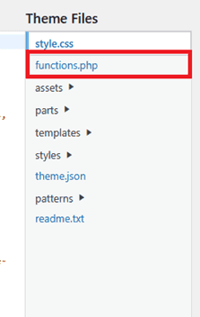 Find functions.php file in WordPress Theme Files editor