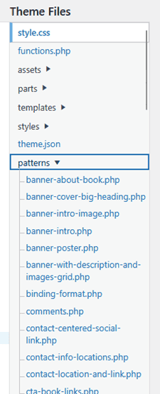 PHP pattern files listed alphabetically in WordPress patterns folder