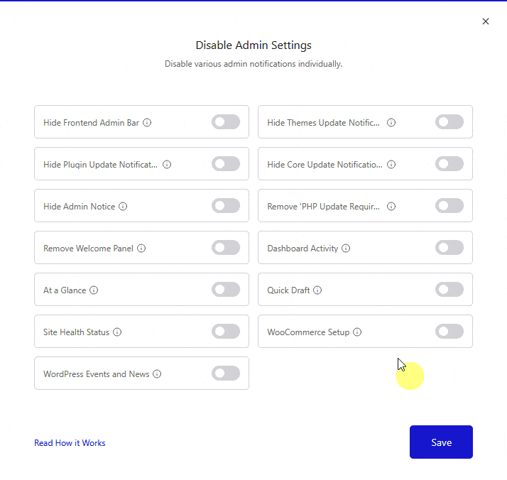 disable admin settings popup