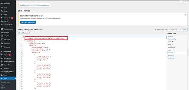 Editing theme.json schema in WordPress Theme File Editor