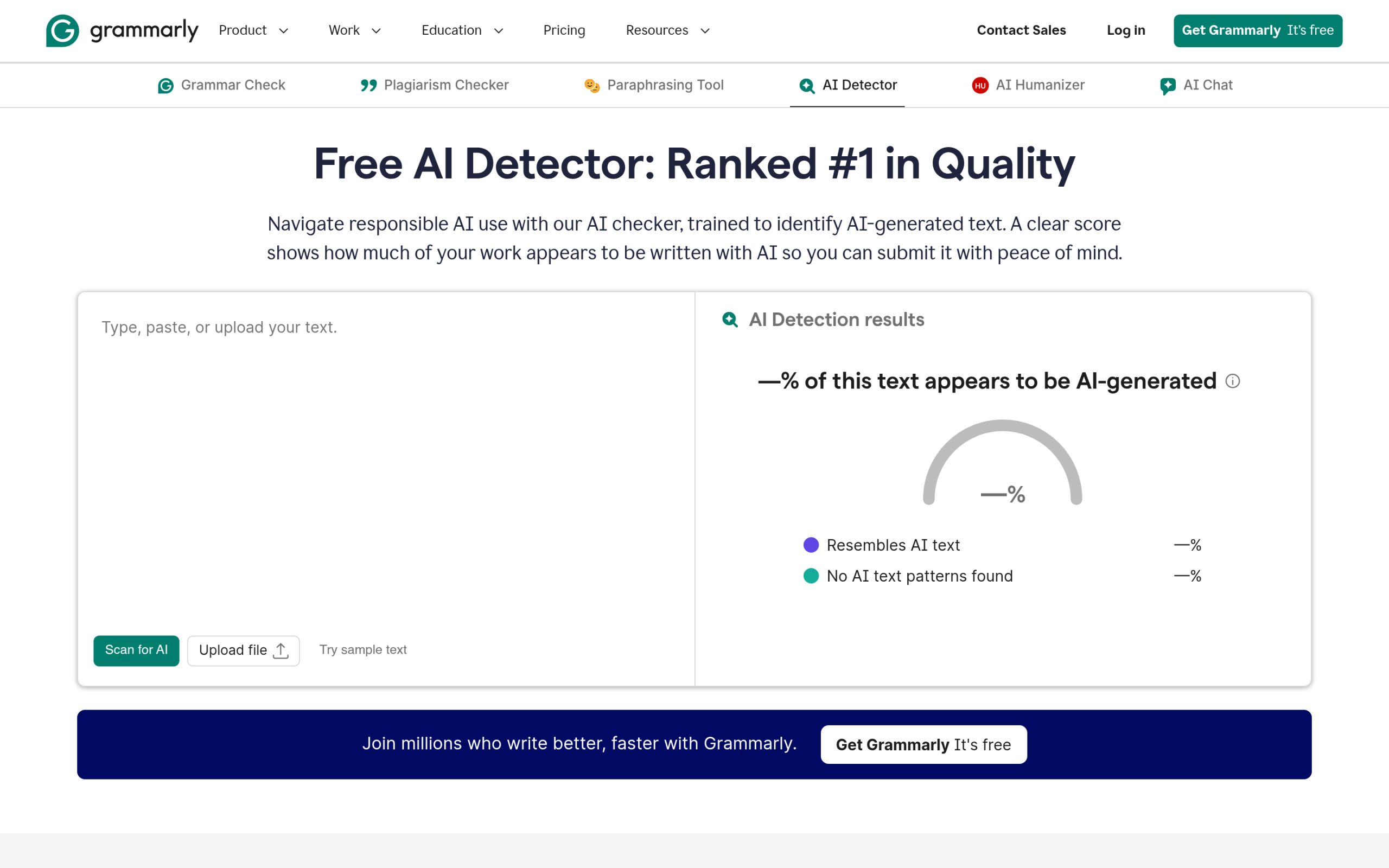 Grammarly free AI detector page showing a 99% accuracy claim alongside a note that no AI detector is 100% accurate
