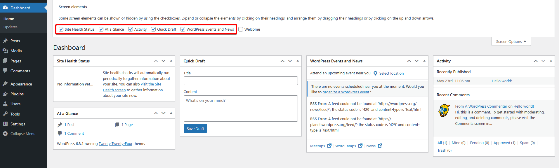 screen options widgets